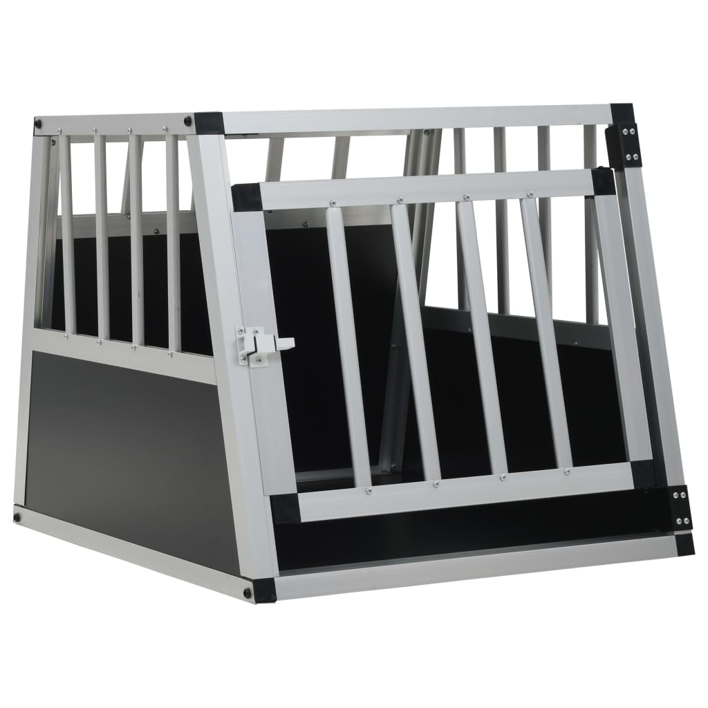 Silver aluminium and MDF single door car dog crate with front bar panel, angled view on white background