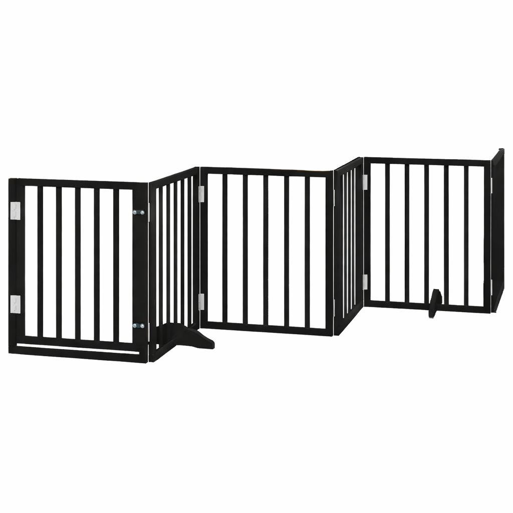 Black foldable dog gate with door, 6-panel freestanding pet barrier made of poplar wood, 300cm total length.