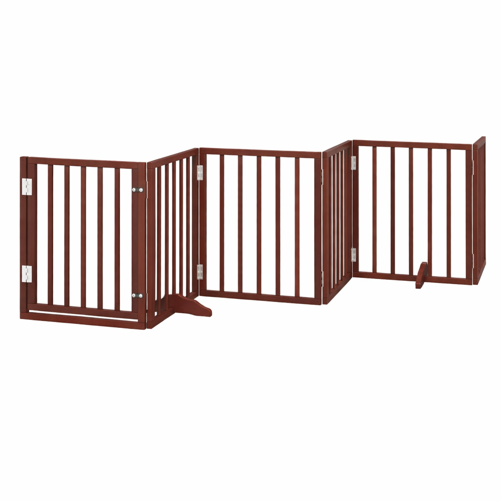 Brown foldable dog gate with door, 6-panel poplar wood pet barrier with water-based paint finish.