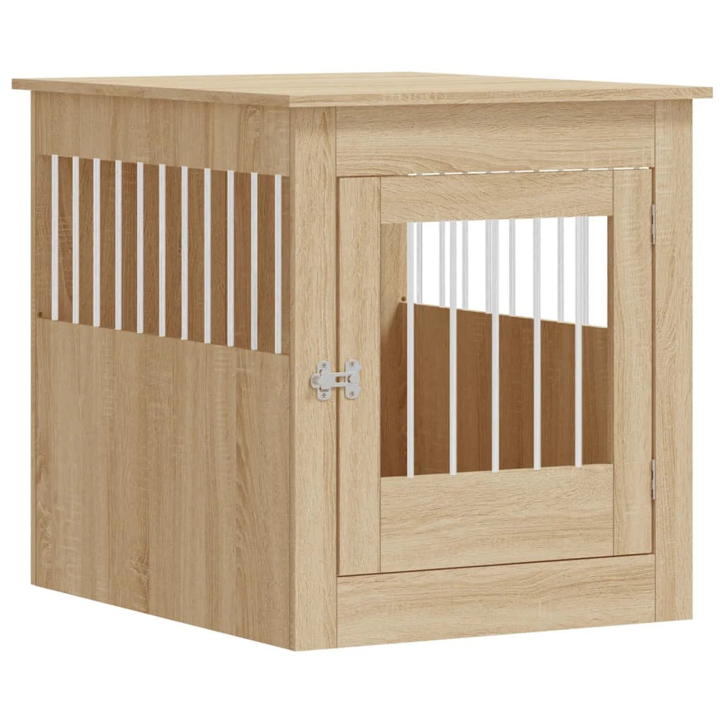 Sonoma oak dog crate furniture with steel wire front panel and wooden frame