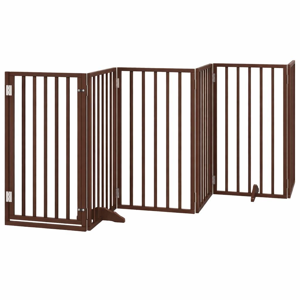 Dark brown wooden dog gate with 6 panels and door, 300cm long adjustable pet barrier for hallways and stairs.