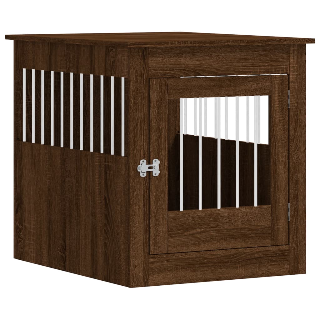 Brown oak dog crate furniture with ventilated wire panels and hinged front door