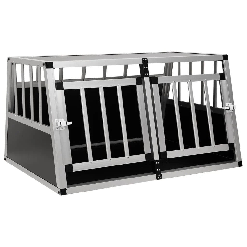 Silver aluminium and MDF double car dog crate with two front doors, black side panels and bar design, front angle view on white background