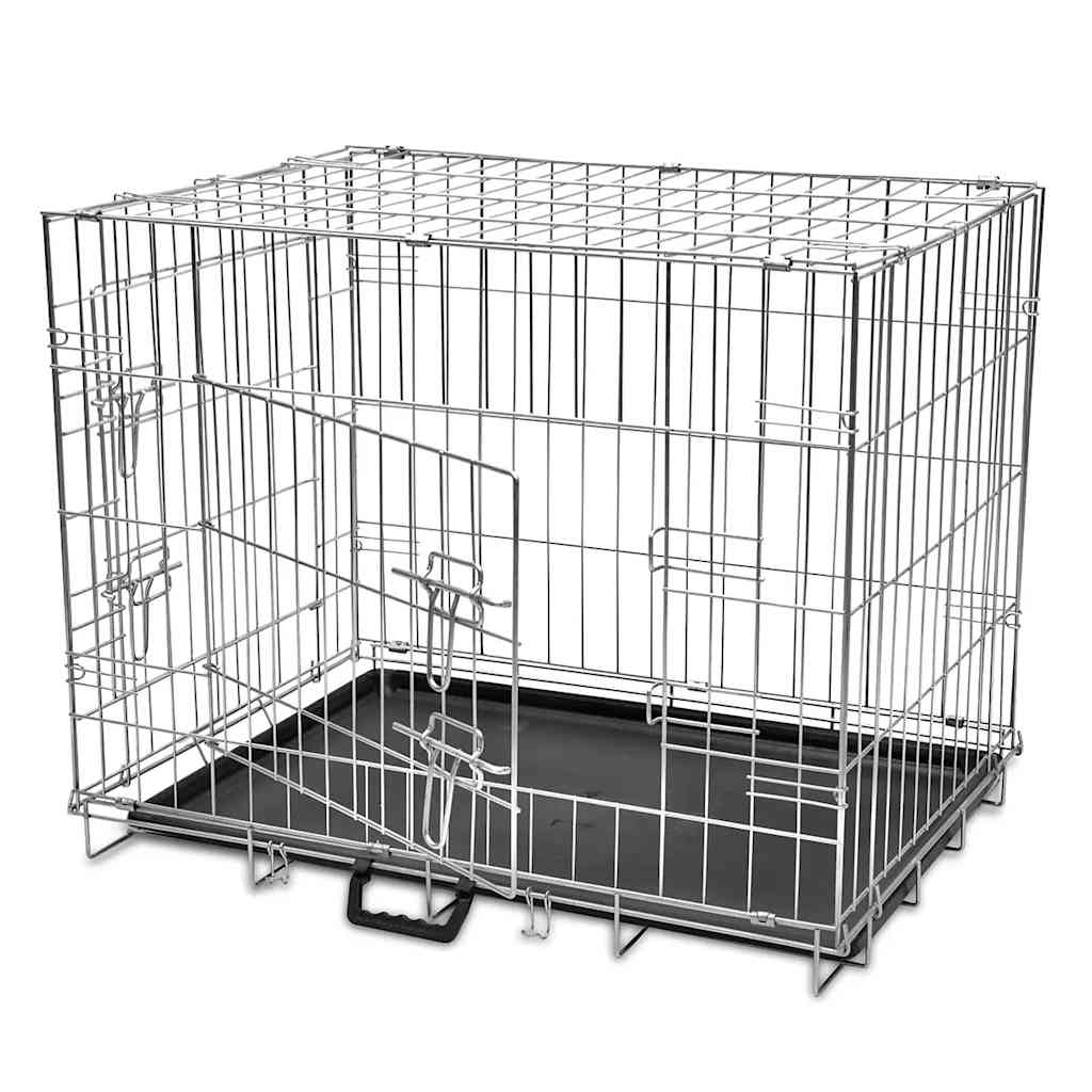 Foldable galvanised steel dog crate with three doors and black removable plastic tray, front door open, angled view on white background
