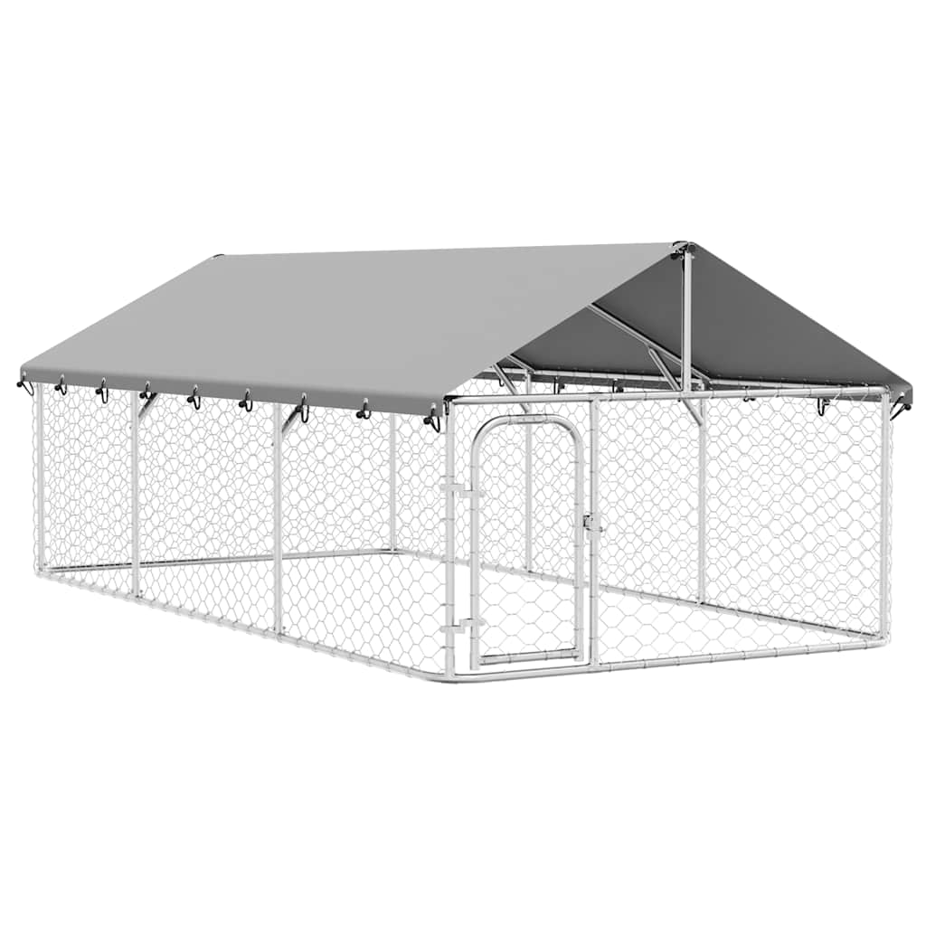 Silver galvanised steel outdoor dog kennel with polyethylene roof cover and mesh enclosure, angled view on white background