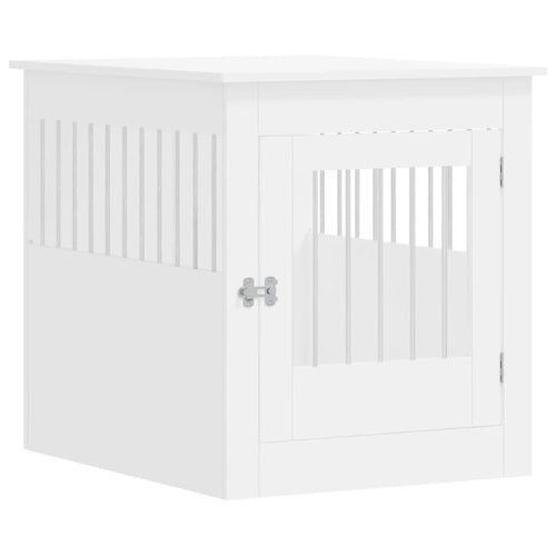 White dog crate furniture made from engineered wood with steel wire panels and hinged front door, shown on white background
