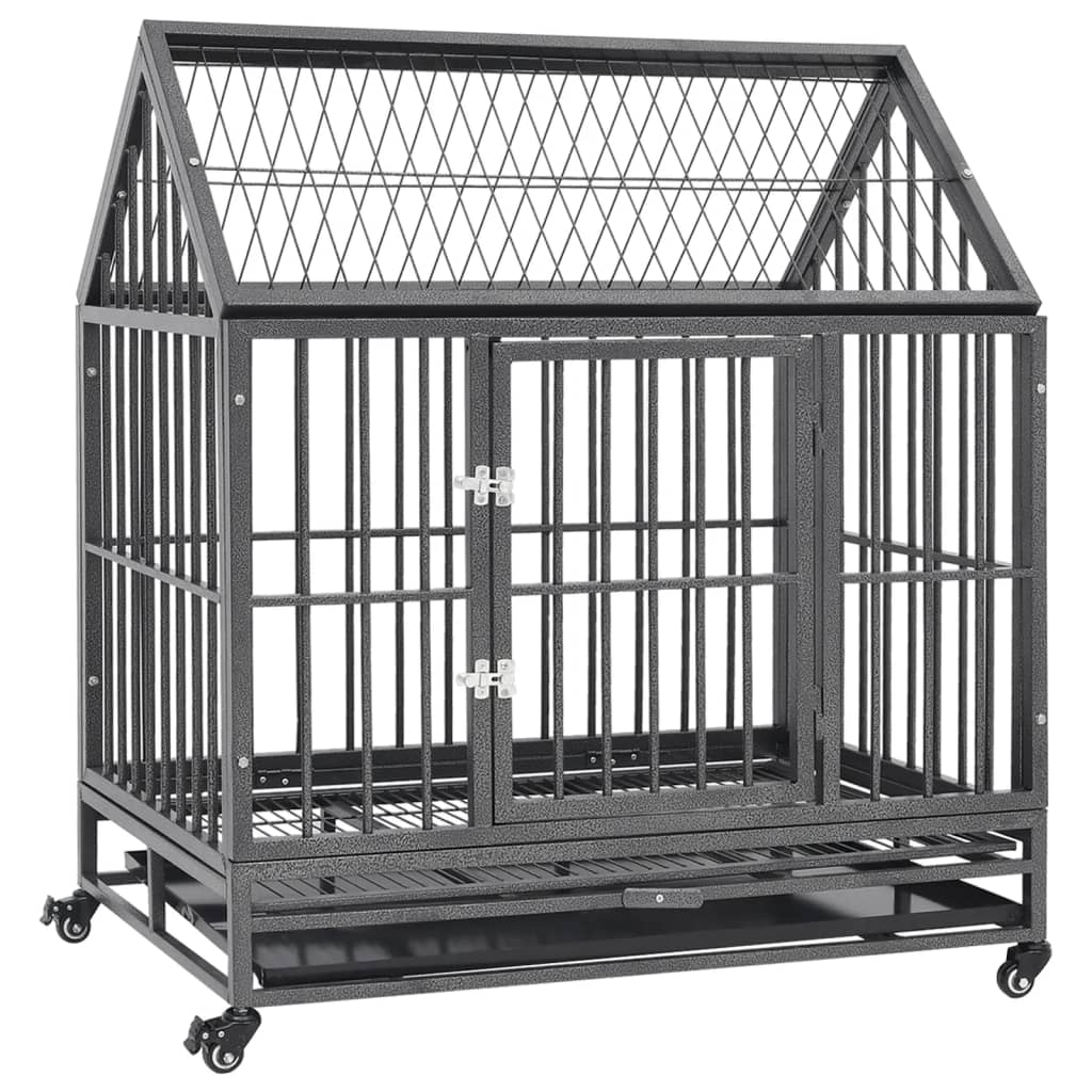 Black steel dog crate with enclosed roof, hinged front door and four caster wheels, angled view on white background