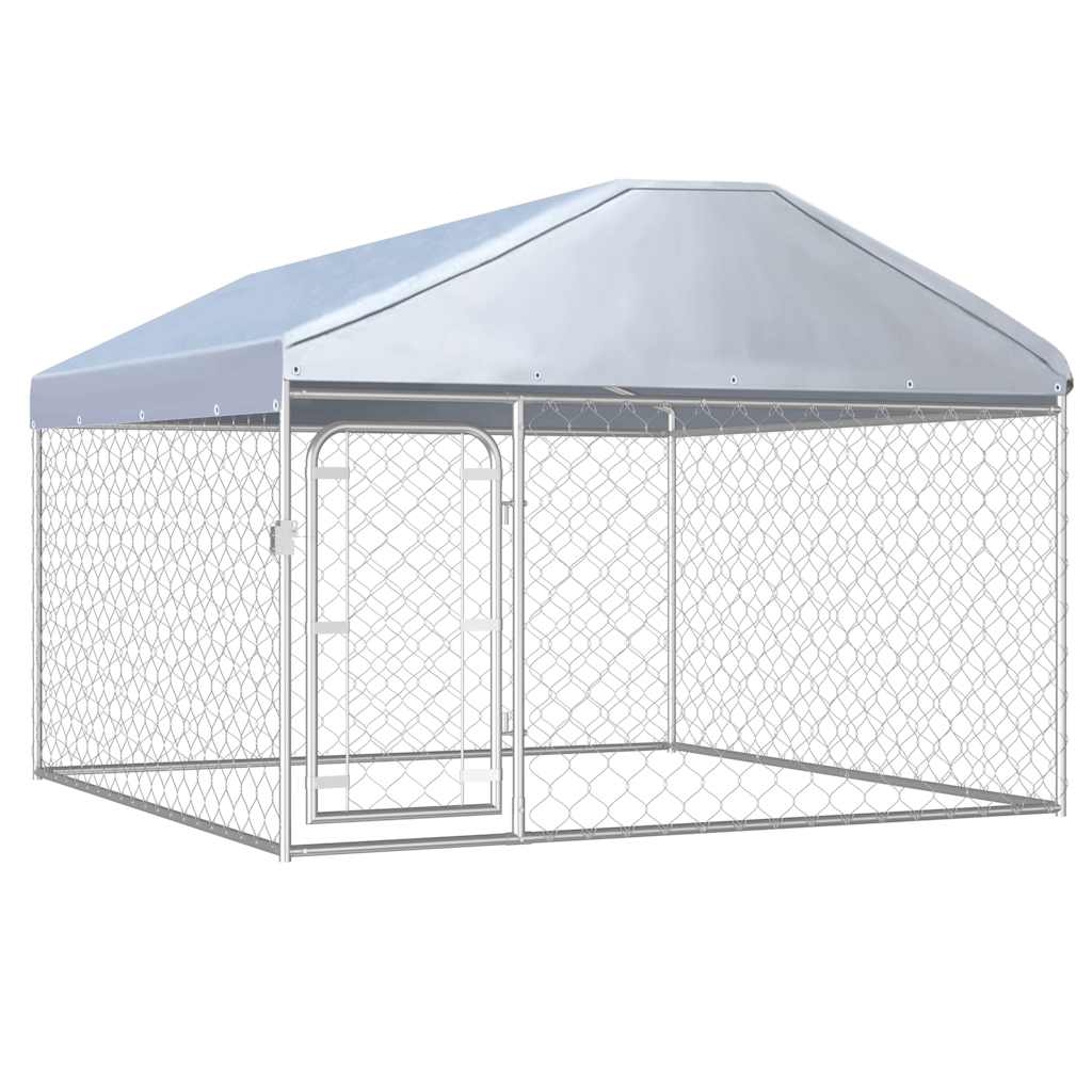 Outdoor dog kennel with roof, galvanised steel frame and chain-link mesh side panels, silver