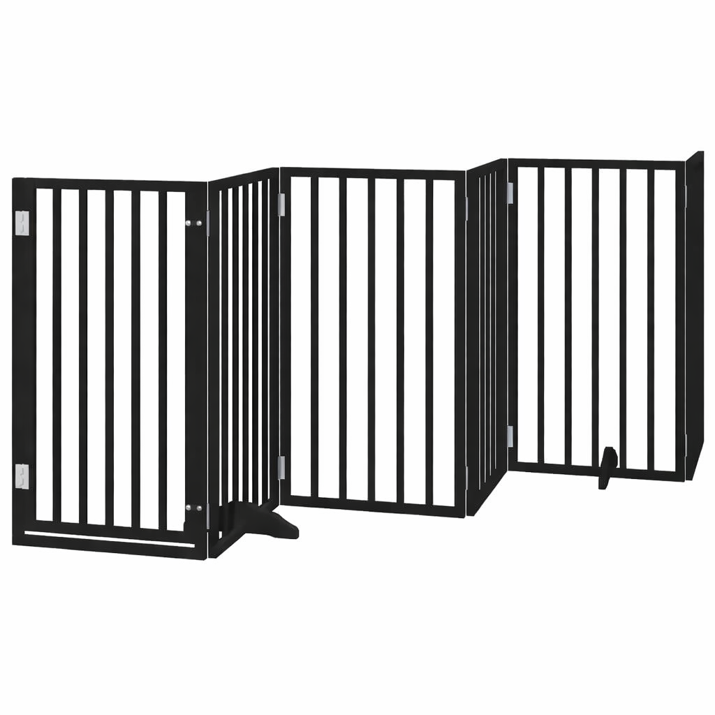 Black foldable wooden dog gate with 6 panels and support feet, freestanding 300cm pet safety barrier for indoors.