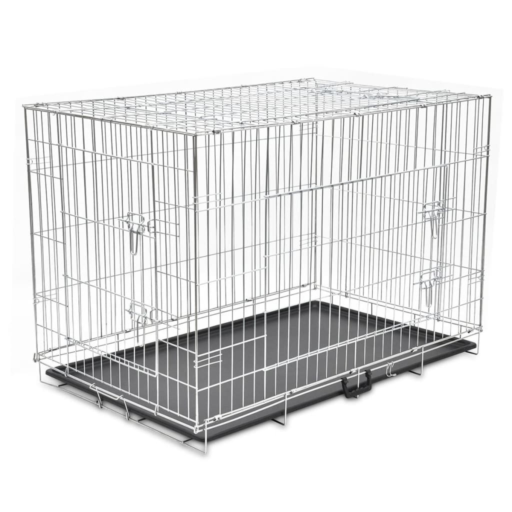 Galvanised steel three door dog crate with removable plastic floor liner, angled view on white background