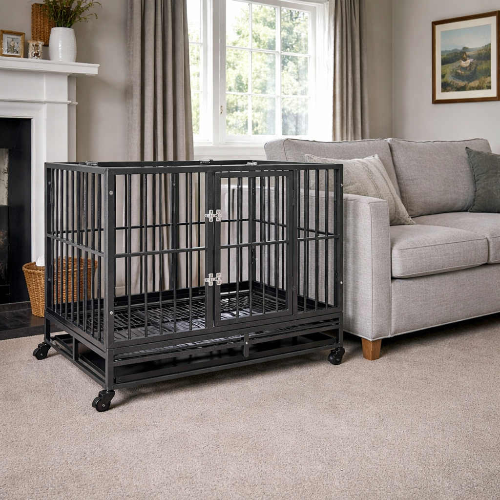 Steel dog crate with wheels placed indoors next to a sofa in a living room setting