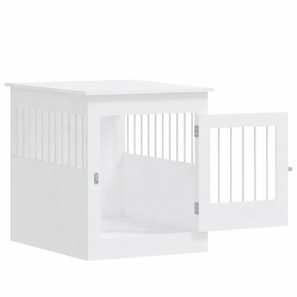 White engineered wood dog crate table with hinged door open and steel wire panels, shown on white background