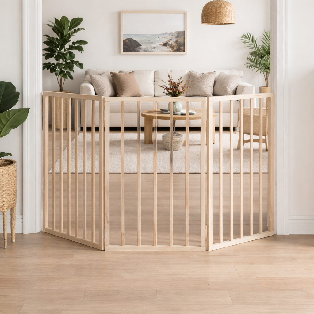 Freestanding natural wood dog gate positioned in a living room doorway as a decorative and functional pet safety barrier.