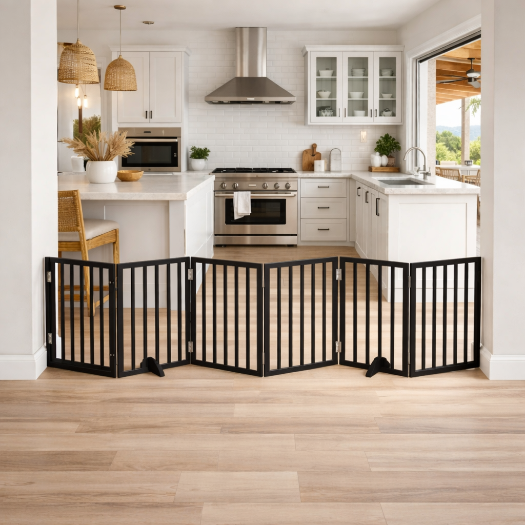 Black 6-panel wooden dog gate placed in a kitchen doorway, freestanding pet safety barrier for indoor use.