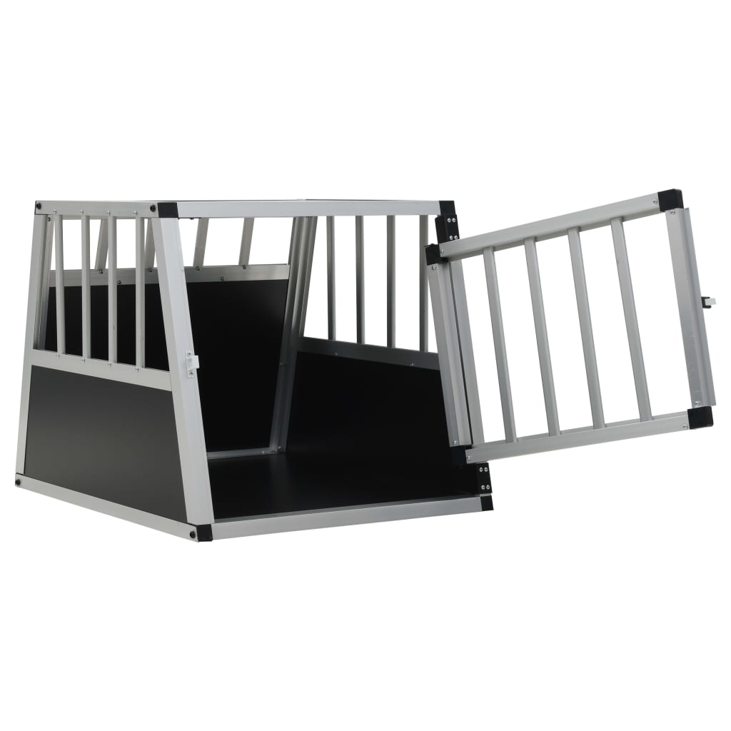 Aluminium and MDF car dog crate with single front door open, angled view on white background