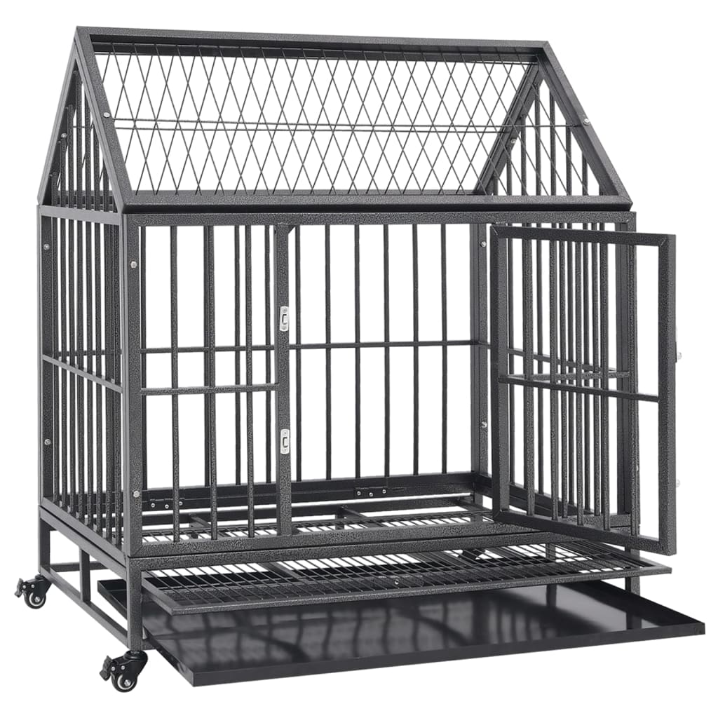 Dog crate with roof featuring open hinged door and extended removable tray, shown on white background