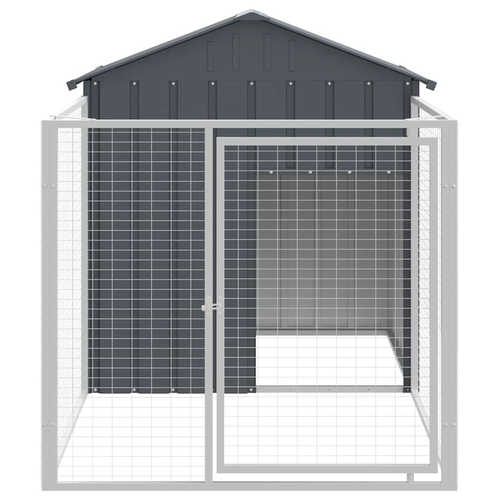 Front view of steel dog kennel with roofed shelter and mesh run enclosure with latched access door