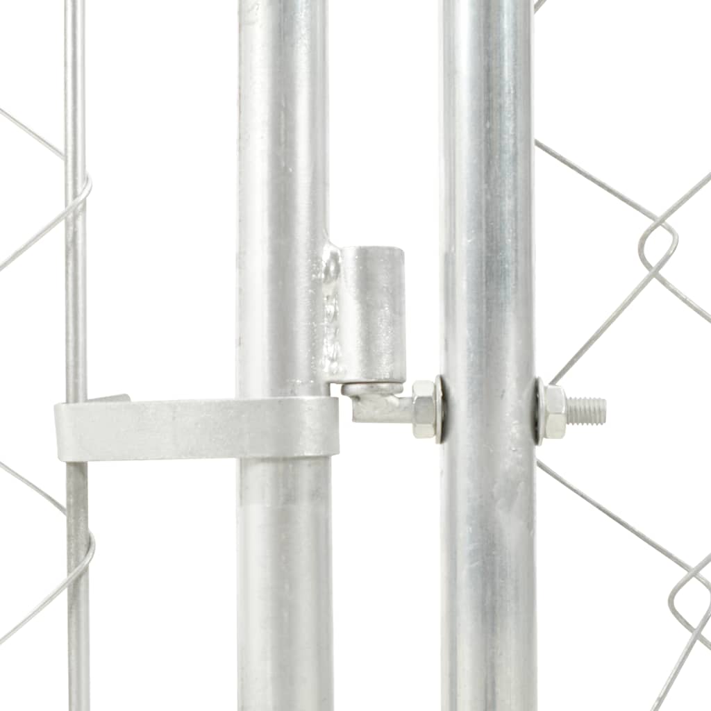 Detail of galvanised steel frame connection with chain-link mesh side panel on outdoor dog kennel