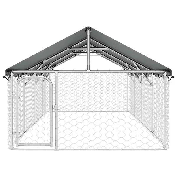 Front view of galvanised steel dog kennel with pitched roof cover and hinged lockable door