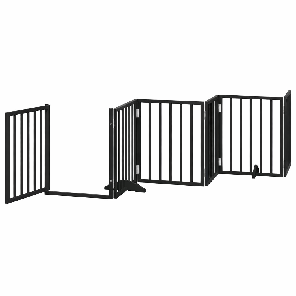 Black foldable wooden dog gate with walk-through door panel open, showing the locking mechanism and 6 panels.