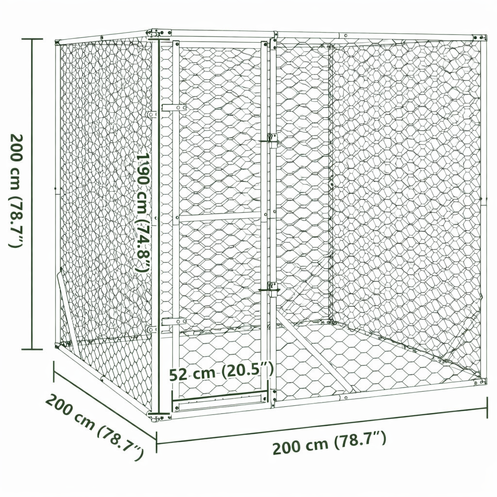 Outdoor dog run showing overall dimensions 2 x 2 x 2 m and gate size 52 x 190 cm
