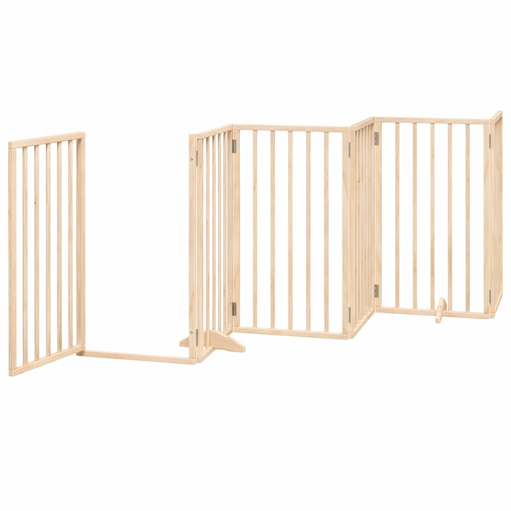 Foldable natural poplar wood pet gate showing the integrated walk-through door panel open for easy access.