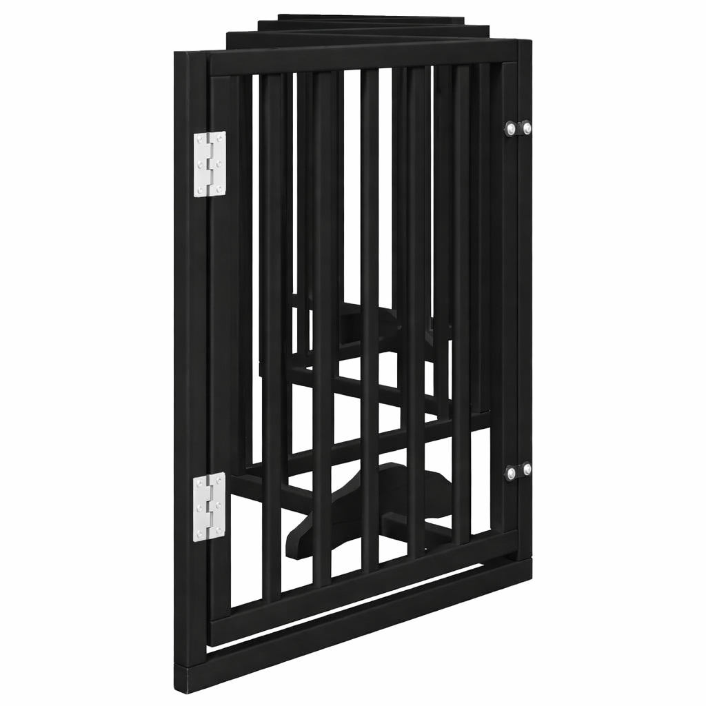 Black 6-panel dog gate in a fully folded position, demonstrating space-saving storage for the wooden pet barrier.