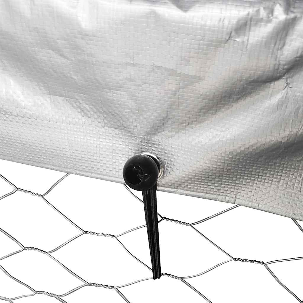 Close-up of polyethylene roof cover secured to steel frame with elastic fasteners on outdoor dog kennel