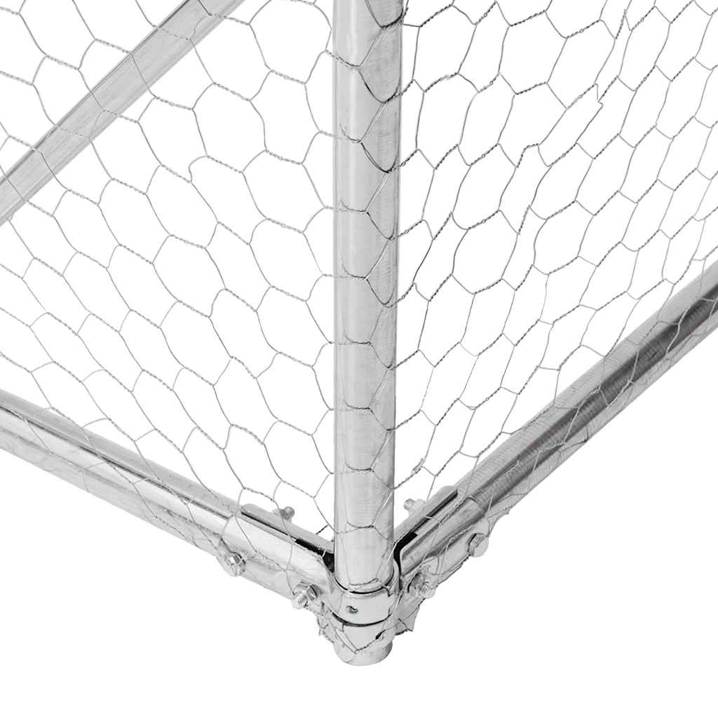 Corner detail of galvanised steel frame with hexagonal wire mesh panels on outdoor dog run