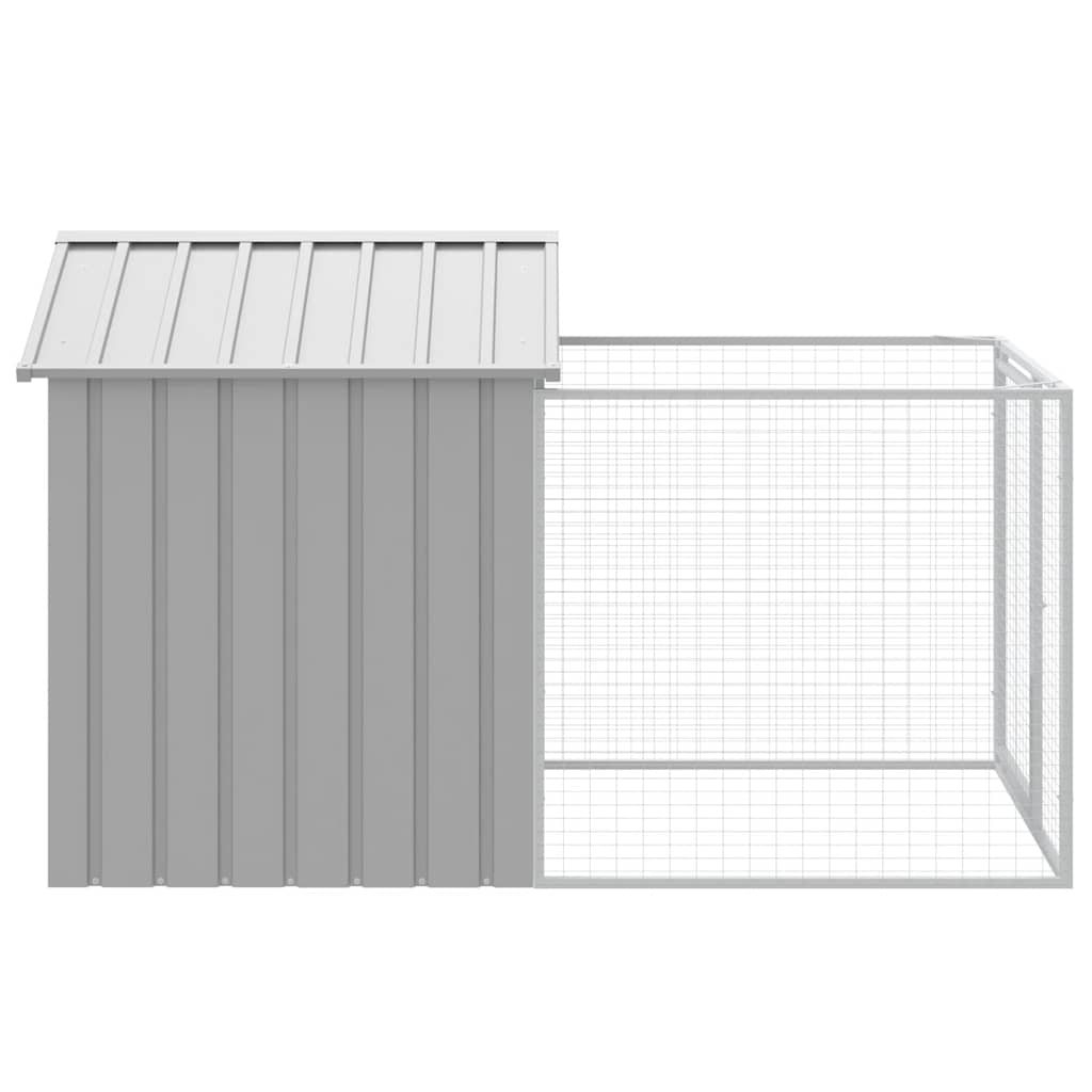 Side view of galvanised steel dog kennel showing enclosed shelter section and adjacent mesh run