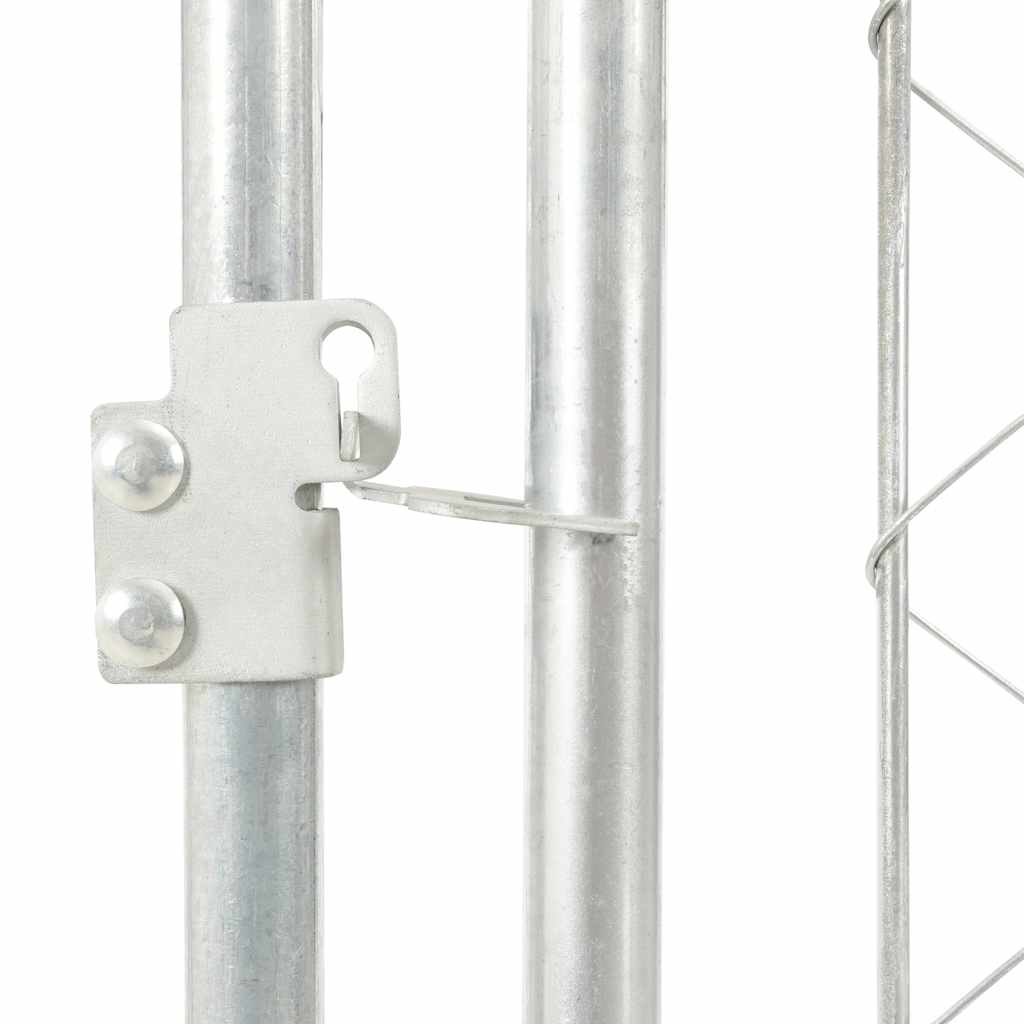 Detail of galvanised steel frame connection on outdoor dog kennel with chain-link mesh side panel