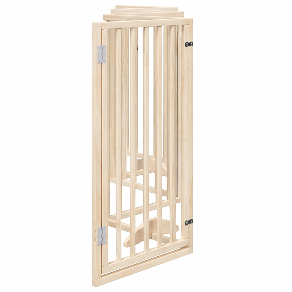 Compact folded natural wood dog gate, space-saving design for easy storage when the 300cm pet barrier is not in use.