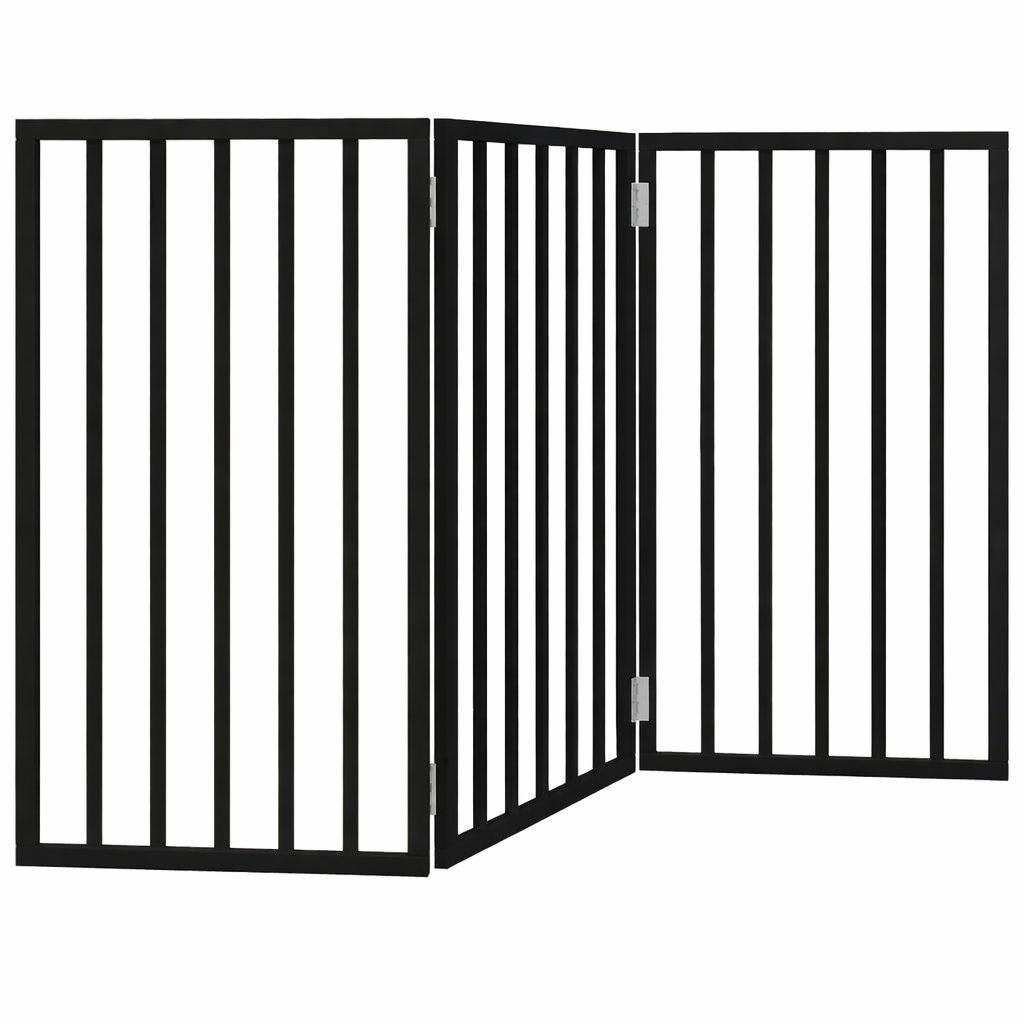 Black freestanding dog gate, three-panel folding wooden pet barrier made of poplar wood with a water-based paint finish.