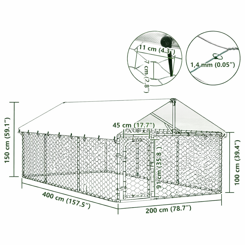 Outdoor dog kennel with roof showing overall dimensions 400 x 200 x 150 cm and mesh size 7 x 11 cm