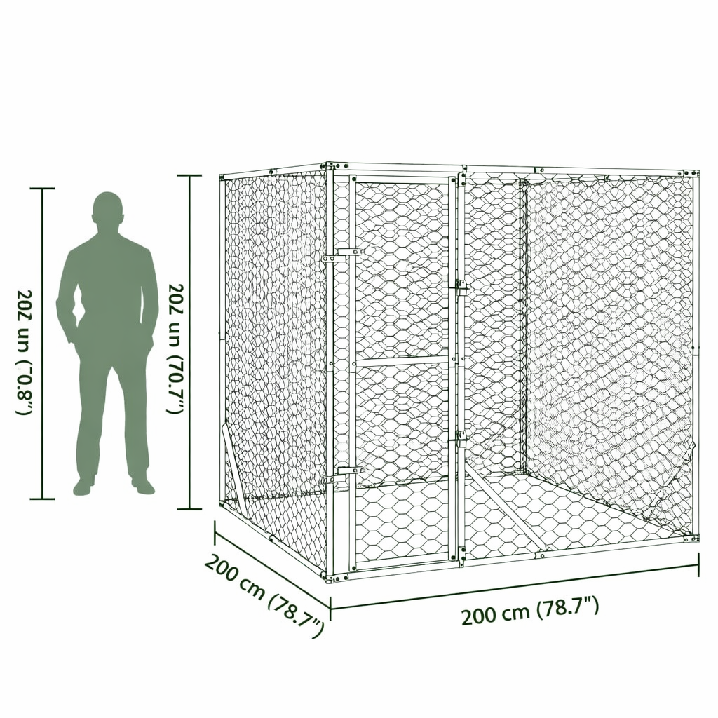 Galvanised steel outdoor dog run with height comparison showing 2 metre structure next to human silhouette