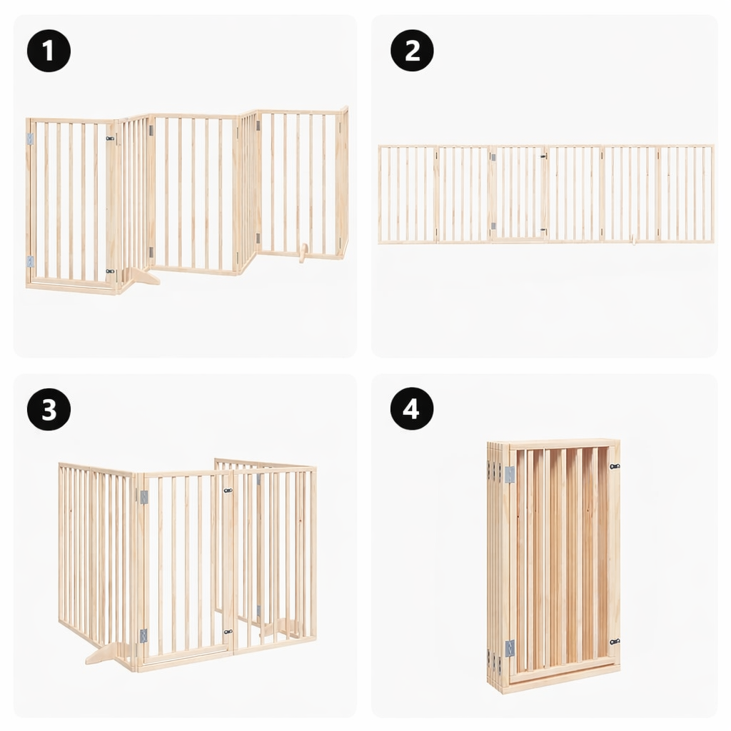 Four-view diagram of the 6-panel pet gate showing zigzag, straight, U-shape, and fully folded configurations.