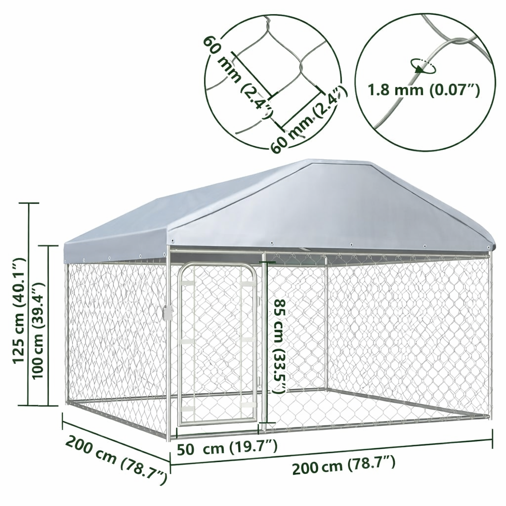 Outdoor dog kennel overall dimensions 200 x 200 x 100/135 cm with gate dimensions 50 x 85 cm and 60 x 60 mm mesh size