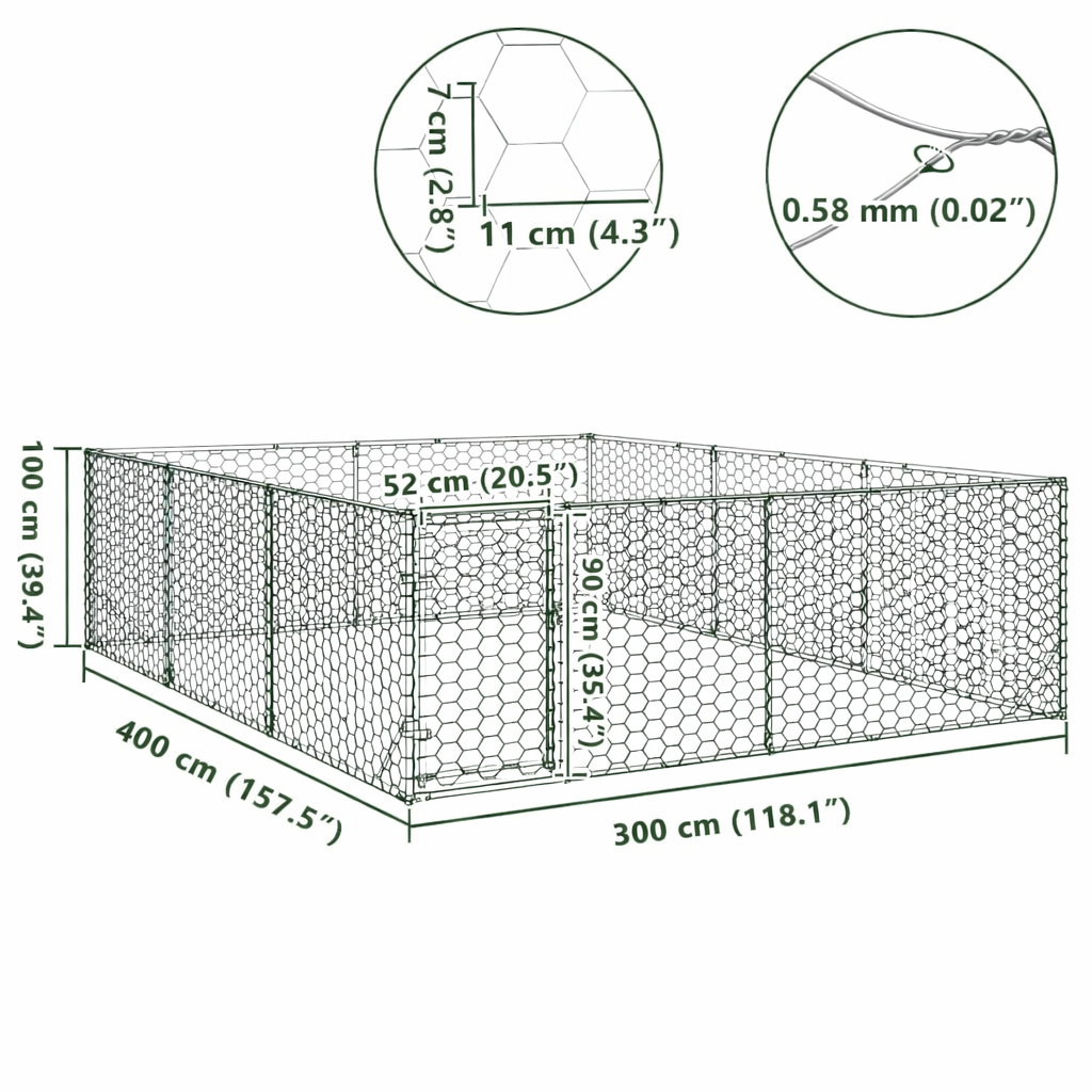 Outdoor dog run showing overall dimensions 3 x 4 x 1 m and hexagonal mesh size 7 x 11 cm