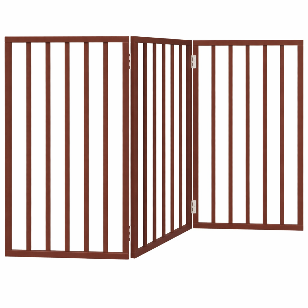 Brown wooden dog gate, 150 cm foldable three-panel indoor pet safety gate for restricting pet access to specific rooms.