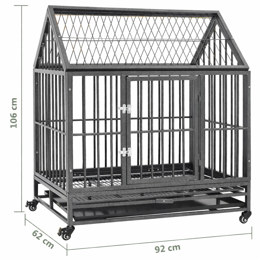 Steel dog crate with roof showing overall dimensions 92 x 62 x 106 cm on white background