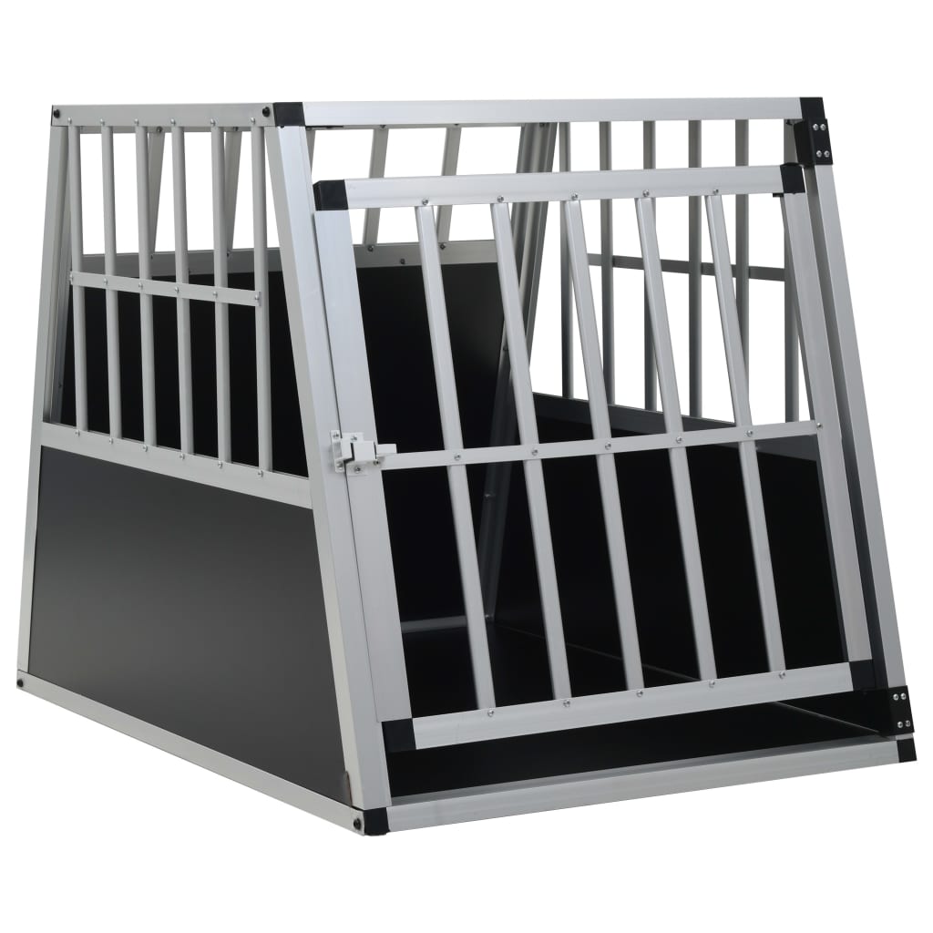 Silver aluminium single door dog crate for car boot with black MDF panels, angled front view on white background