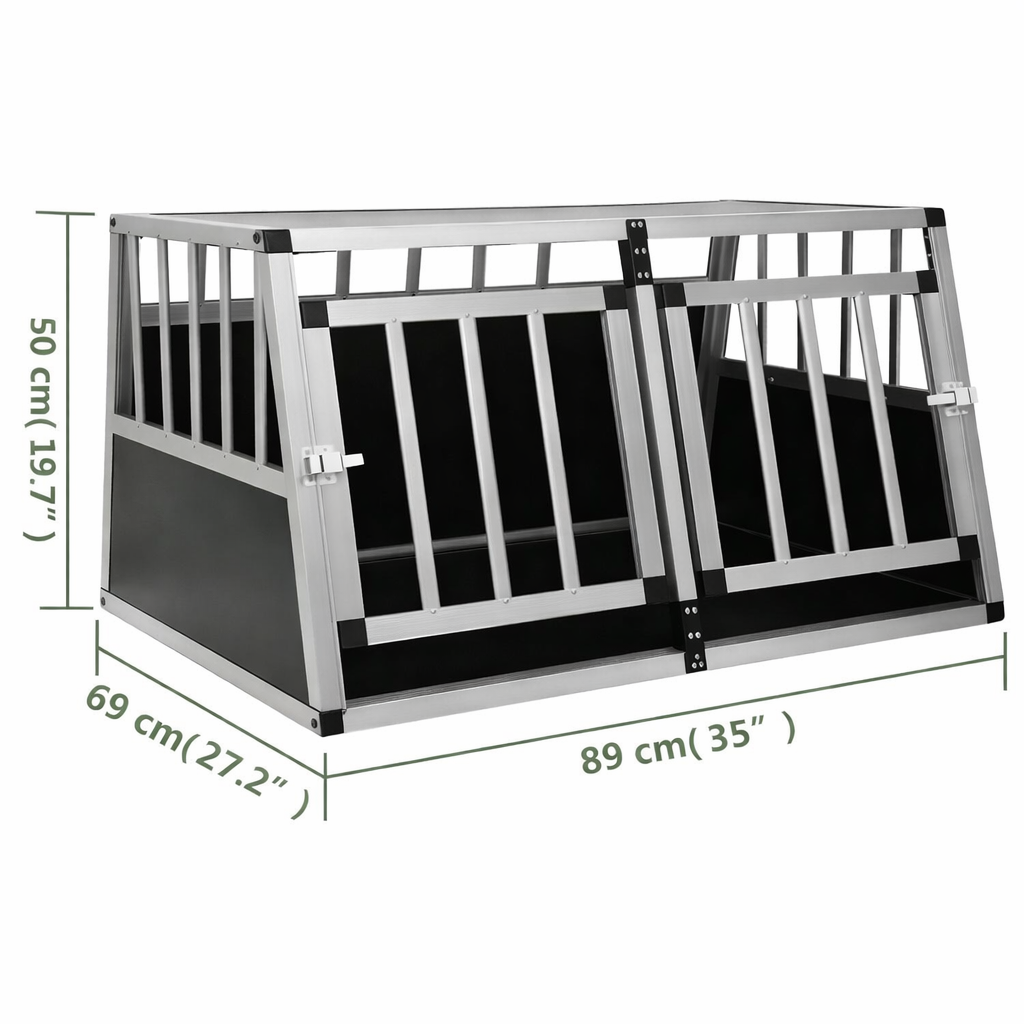 Car dog crate with measurement diagram showing dimensions 89 x 69 x 50 cm (width x depth x height) on white background