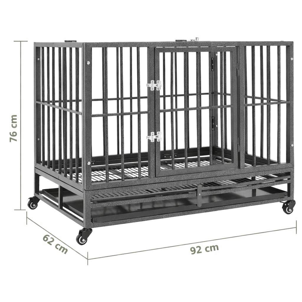 Black steel dog crate with caster wheels showing overall dimensions 92 x 62 x 76 cm on white background