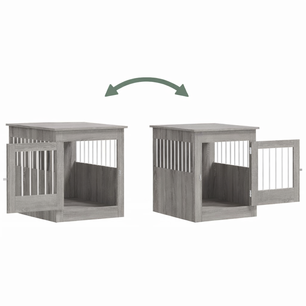 Grey Sonoma engineered wood dog crate furniture with hinged door shown opening from either side