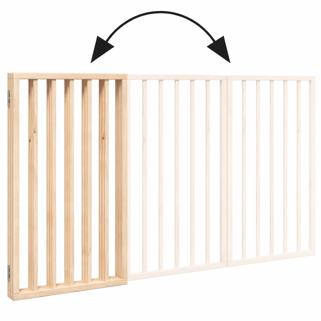 Close-up showing the folding mechanism of the three-panel natural wood dog gate, highlighting its portability and easy storage.