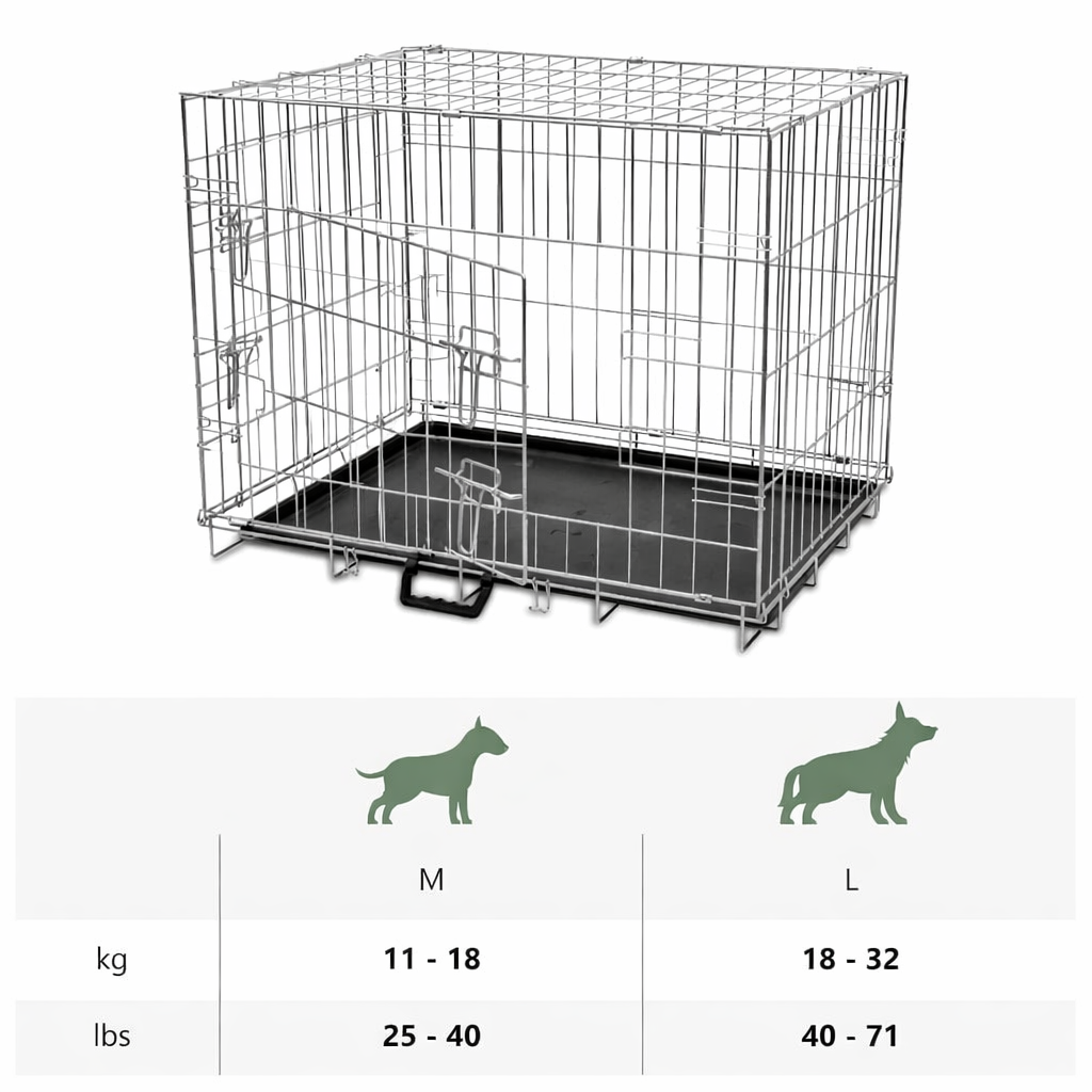 Dog crate size guide showing recommended weight ranges for medium and large dogs in kilograms and pounds