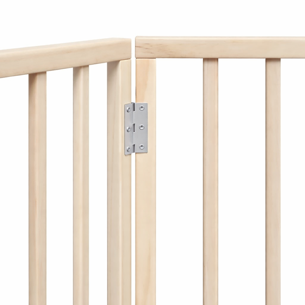 Detailed view of the sturdy metal hinges connecting the poplar wood panels of the foldable dog gate for smooth movement.