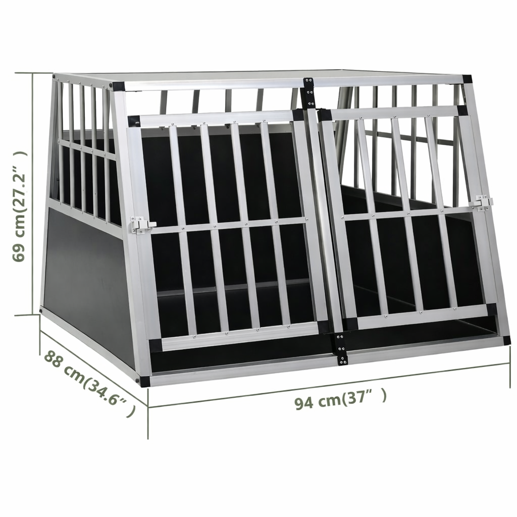 Larger size aluminium and MDF double car dog crate with measurement diagram showing 94 cm width, silver frame and black panels on white background
