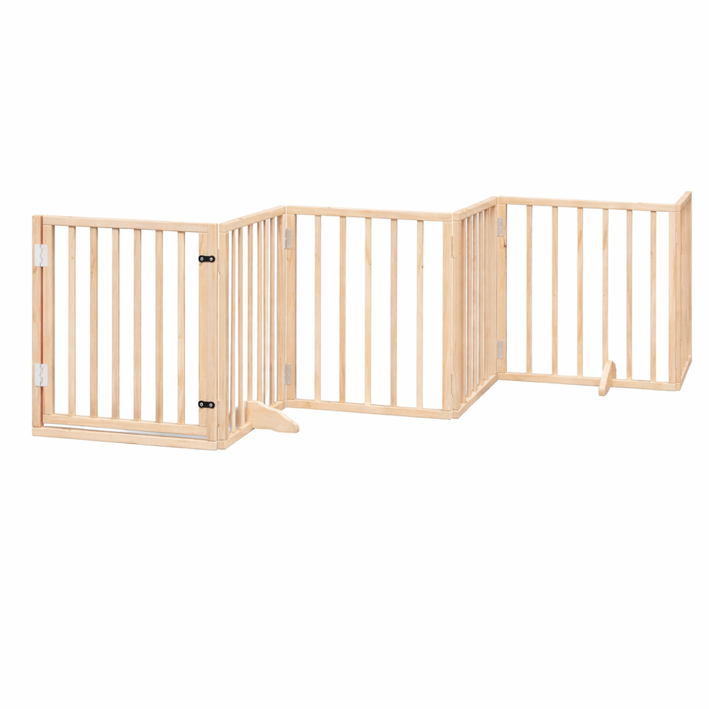 Natural wood foldable dog gate with door, 6-panel freestanding pet barrier for small to medium-sized dogs.