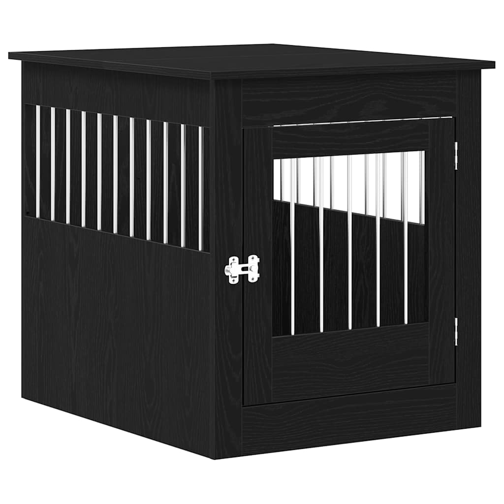 Black oak dog crate furniture with steel wire door panel and flat top surface, shown on white background